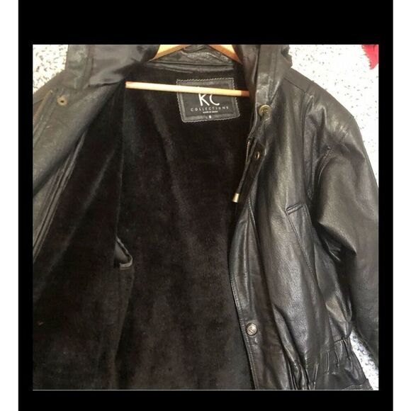 KC Collections Women's Vintage Black Leather Jacket with Hoodie Size S - Picture 5 of 10